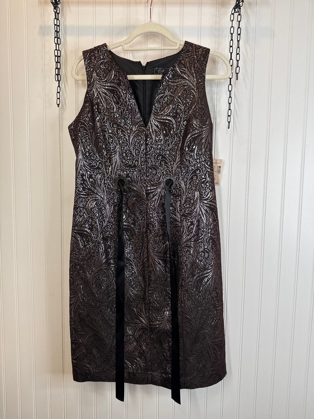 NWT Dressbarn Black Floral Metallic Sleeveless V Neck Sheath Dress Size 8